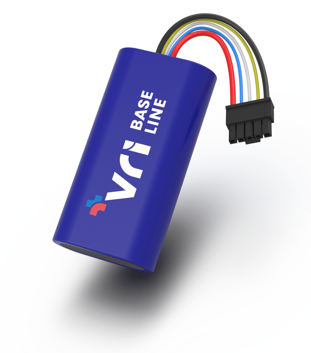 Zylindrisches Elektronikmodul mit der Aufschrift „VRI BASELINE“ und mehrfarbigem Kabelstrang mit Stecker, isoliert vor weißem Hintergrund dargestellt.