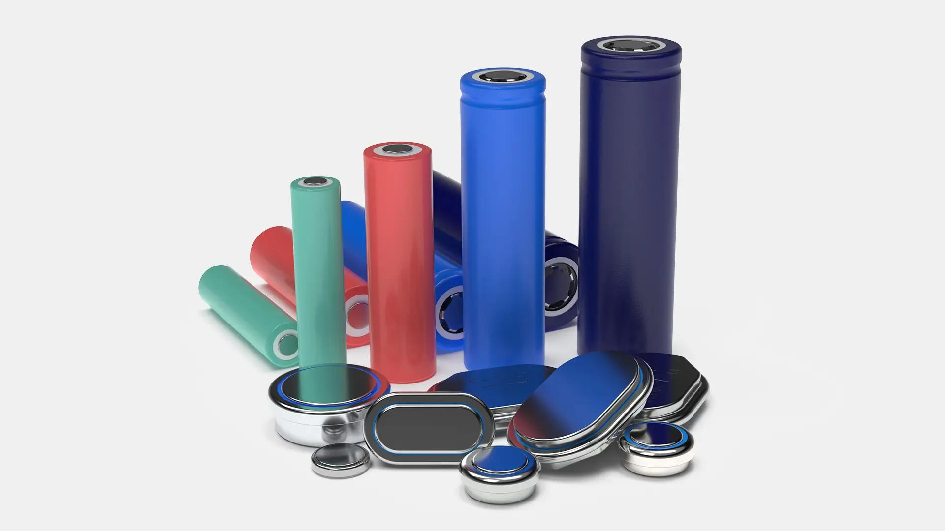 Verschiedene Batteriezellen-Typen, darunter zylindrische Zellen, prismatische Zellen, Pouch-Zellen und Knopfzellen, in unterschiedlichen Farben vor hellem Hintergrund.